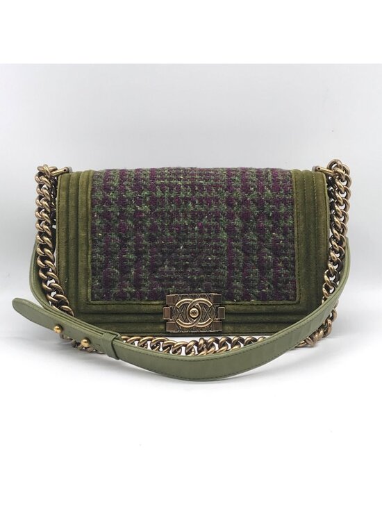 Chanel Handbags - Chanel Boy Velvet Tweed Chain Shoulder Bag Green Purple